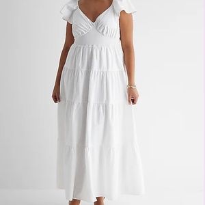 V-Neck Flutter Sleeve Tiered Poplin Maxi Dress